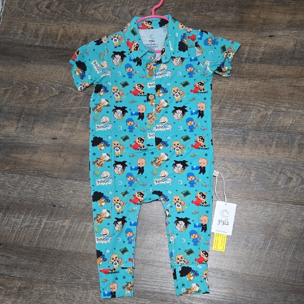 3t Bamboo Gigis Teal Hero-Print Kids One-Piece Romper